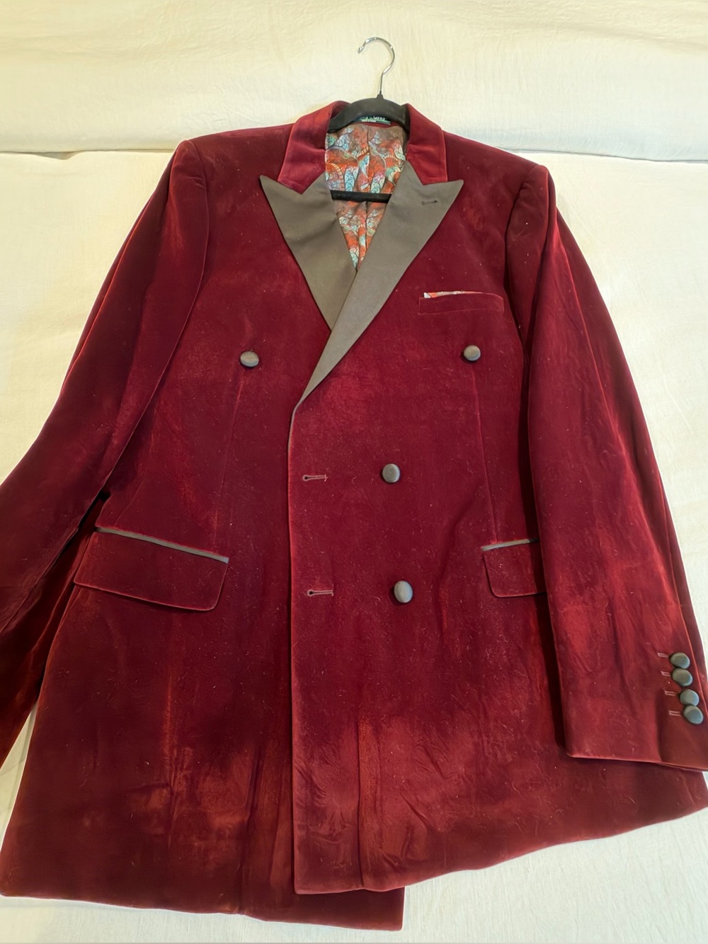 Paisley & Gray Slim Fit Double-Breasted Blazer with Red and Teal Paisley Lining